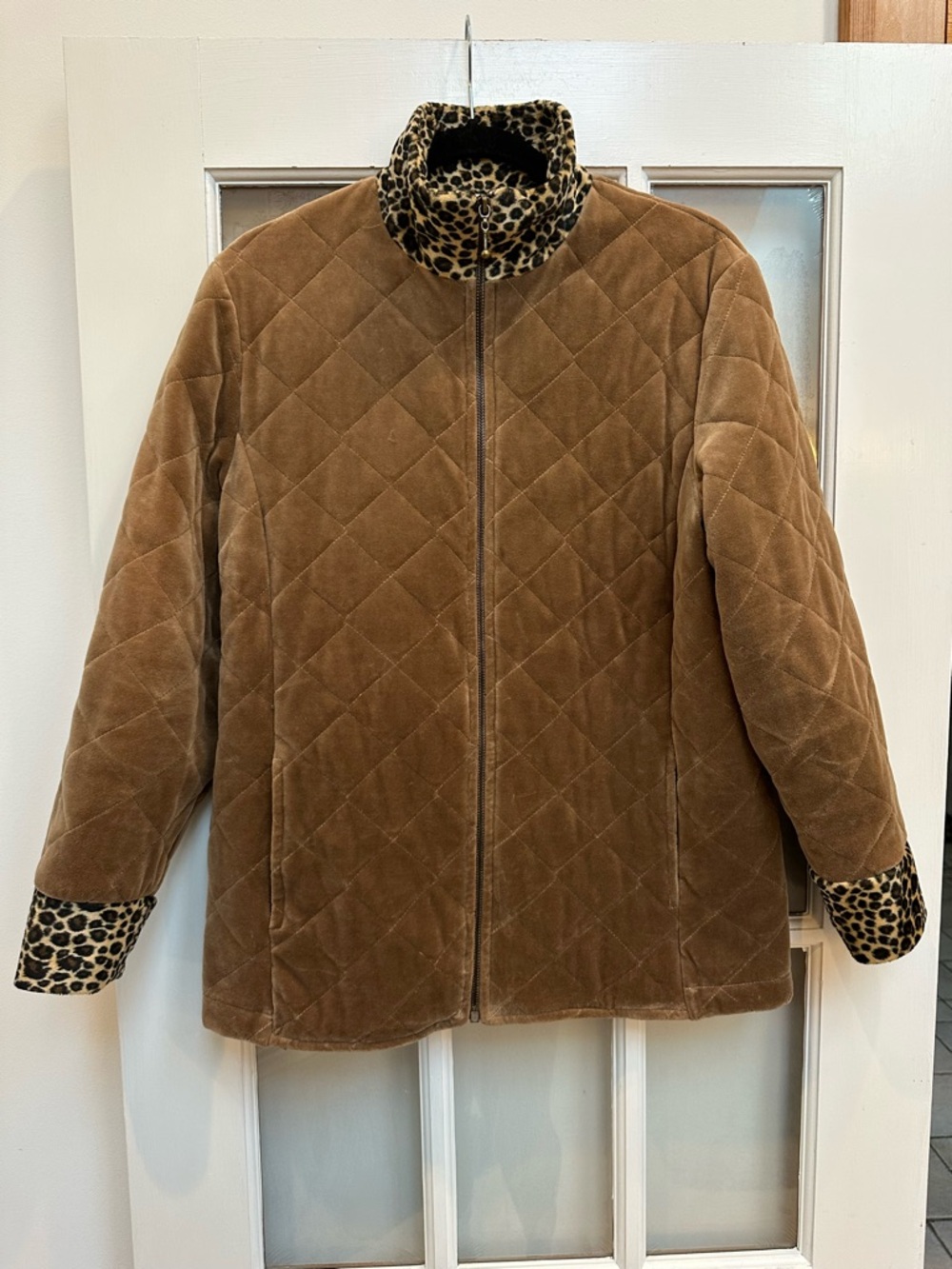 Vintage Neiman Marcus Rock Glam Quilted Brown Jacket Velvet Leopard Trim Size M